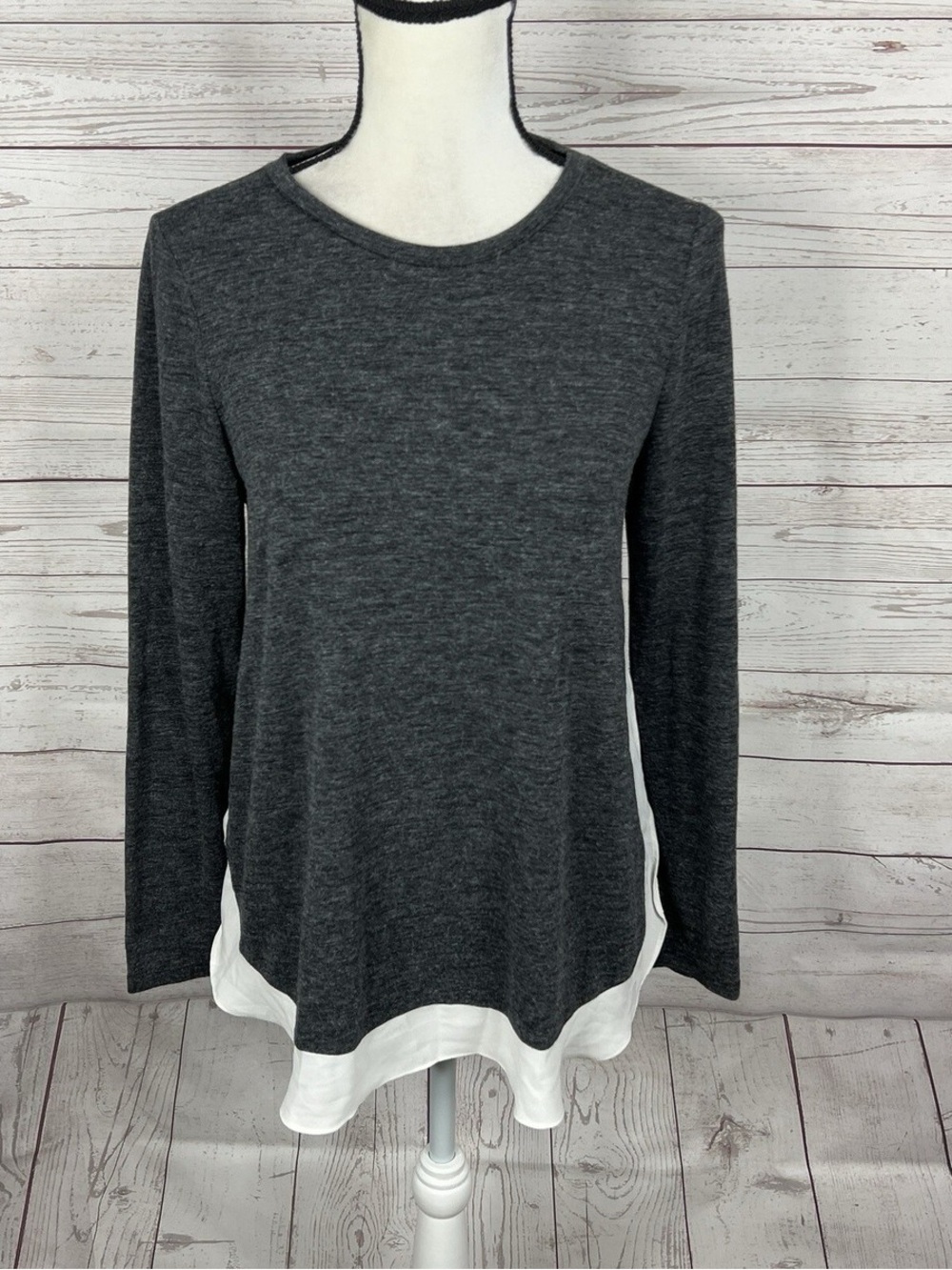 LOFT Charcoal Long-Sleeve Top with White Layered Hem